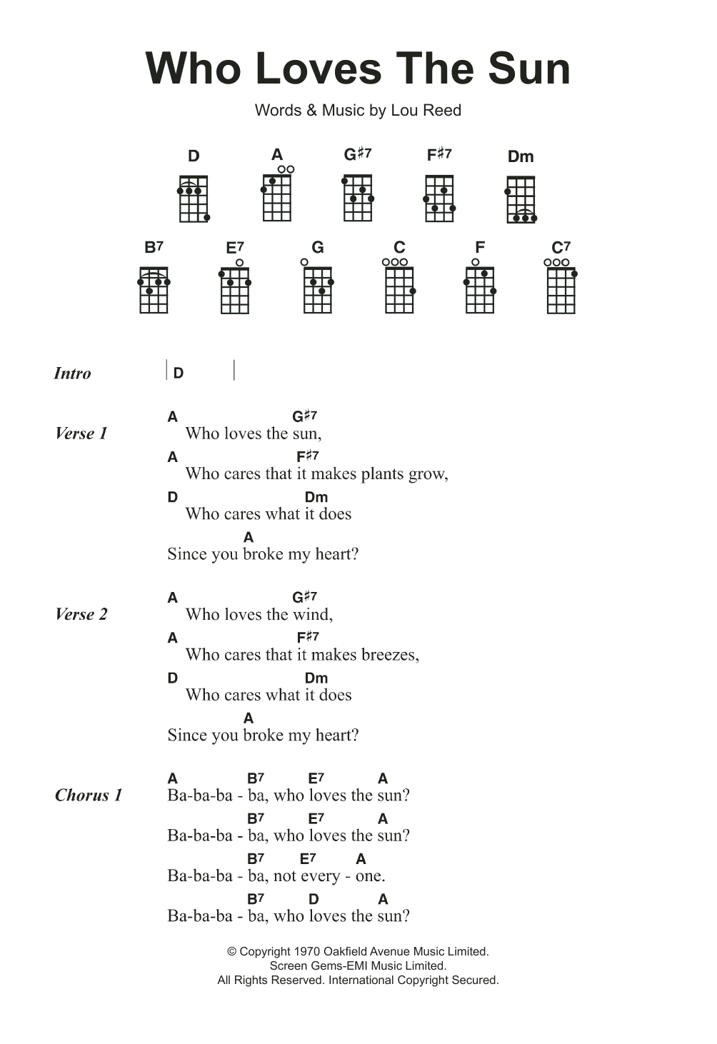 Lou Reed Who Loves The Sun Sheet Music