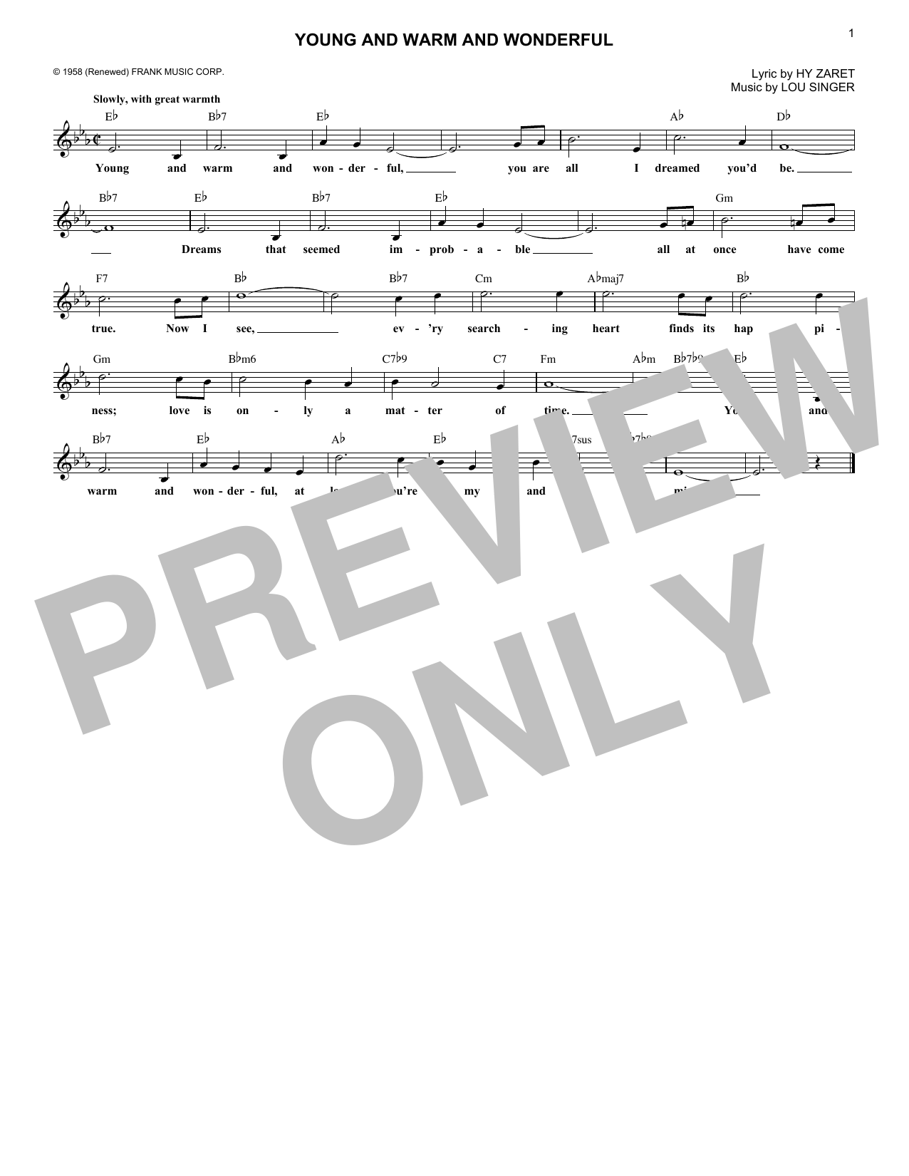 Lou Singer Young And Warm And Wonderful Sheet Music