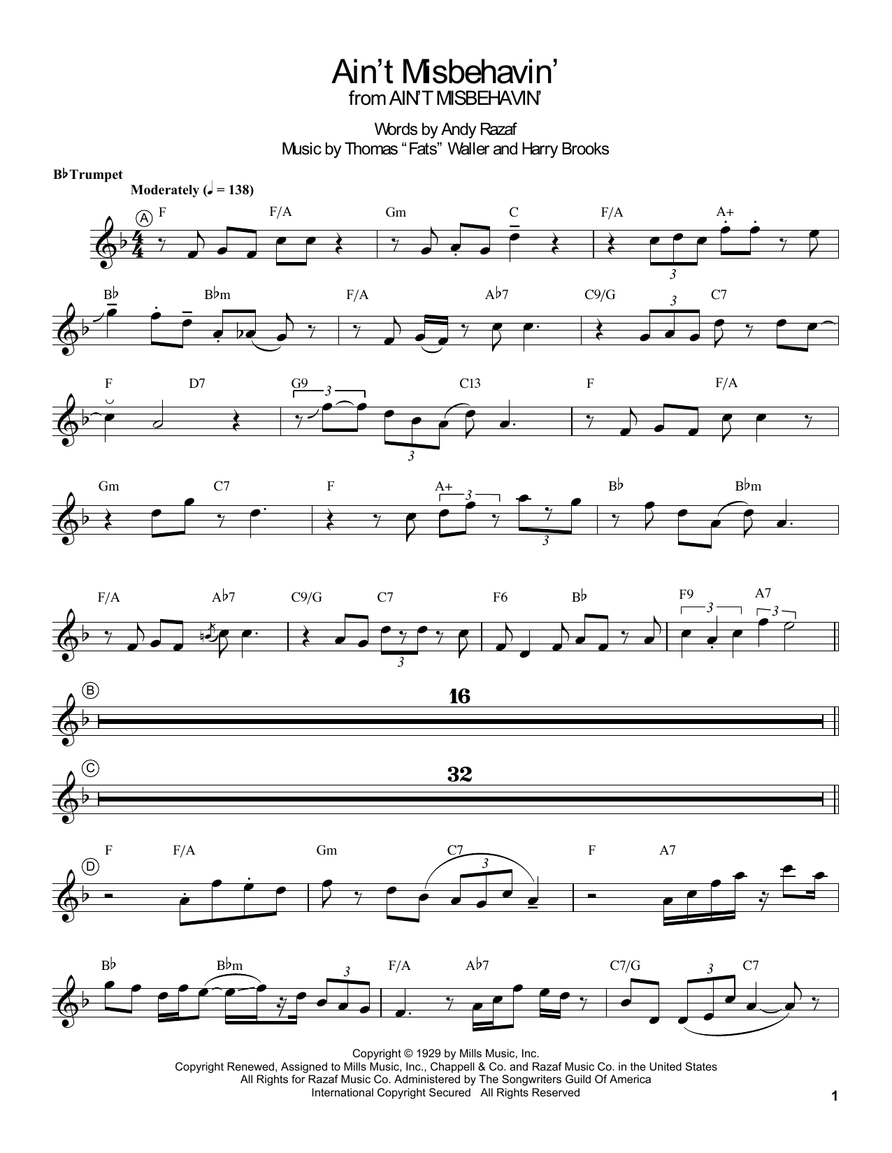 Louis Armstrong Ain't Misbehavin' Sheet Music