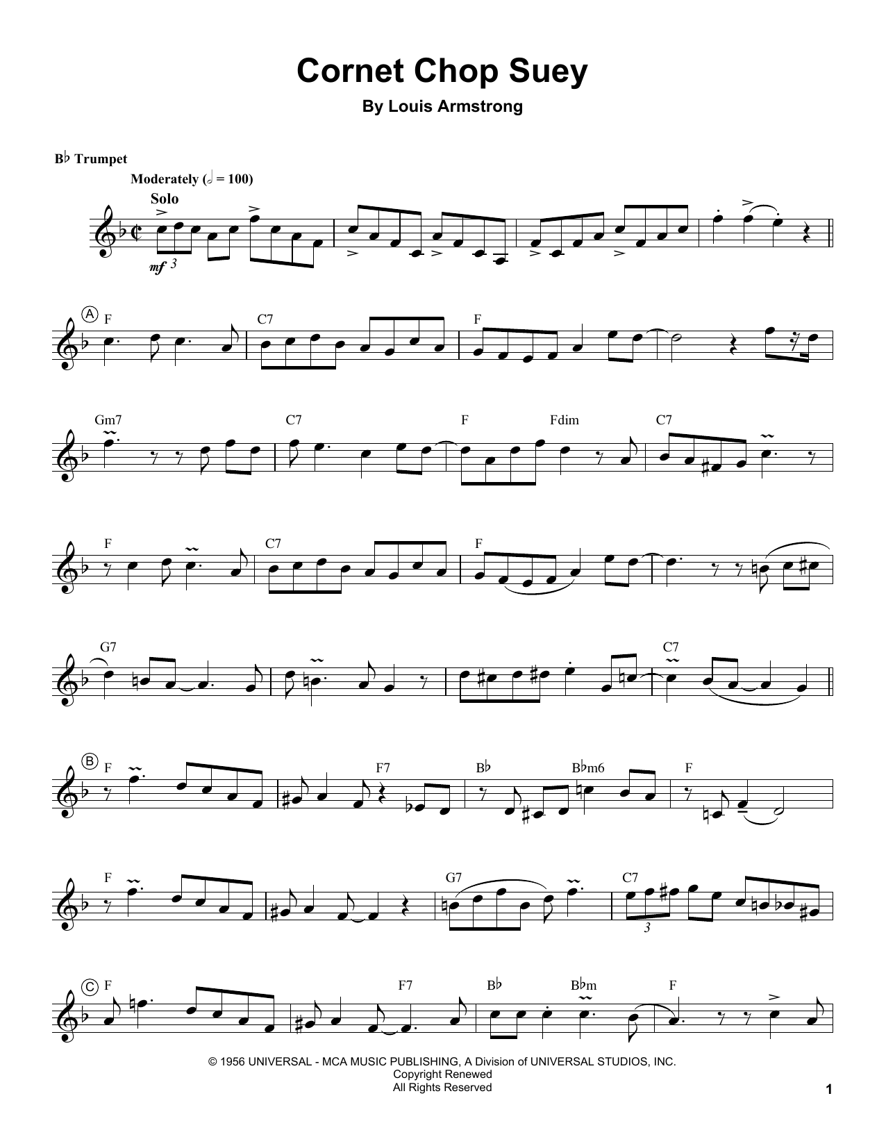 Louis Armstrong Cornet Chop Suey Sheet Music