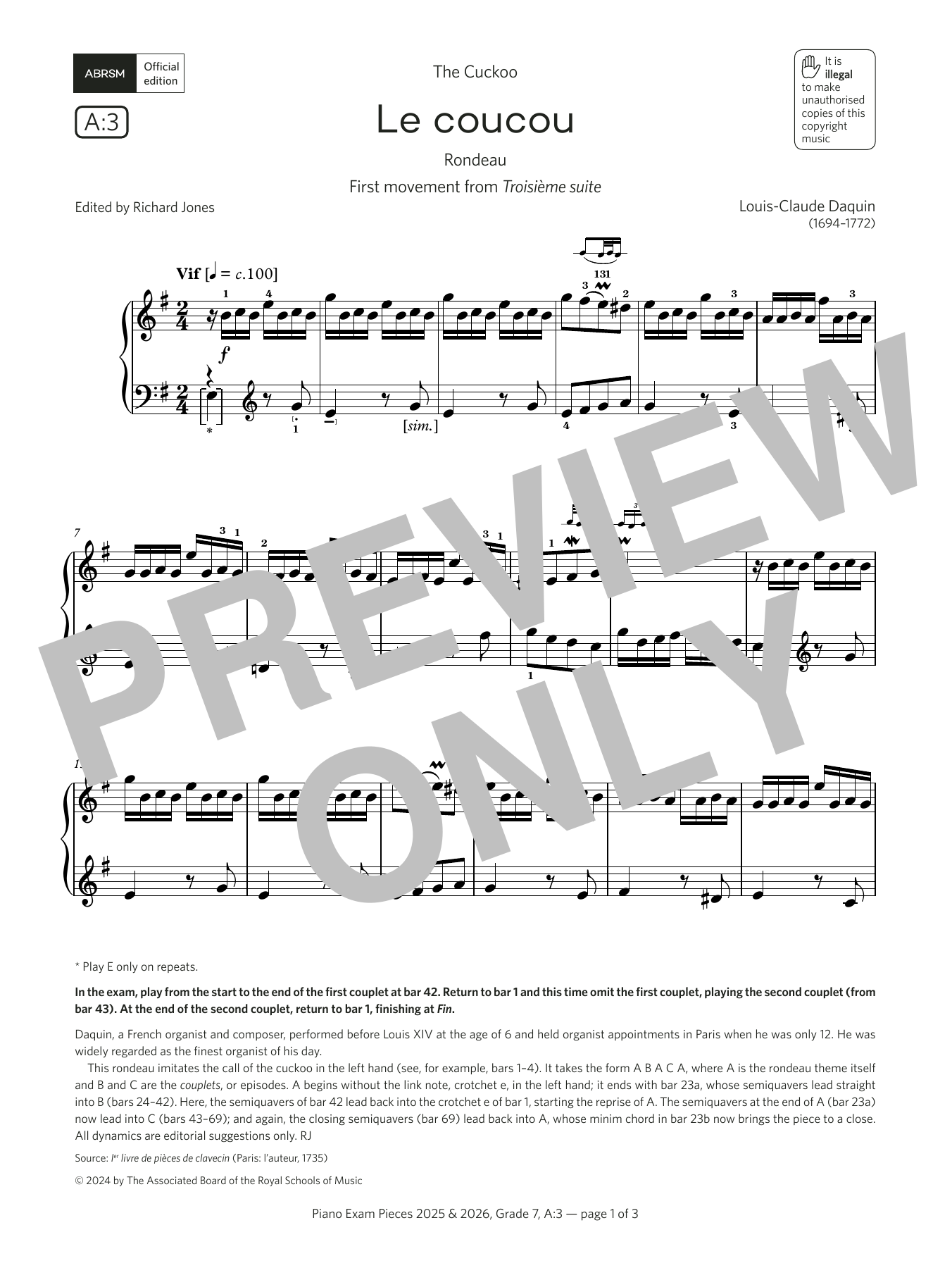 Louis-Claude Daquin Le coucou (Grade 7, list A3, from the ABRSM Piano Syllabus 2025 & 2026) Sheet Music