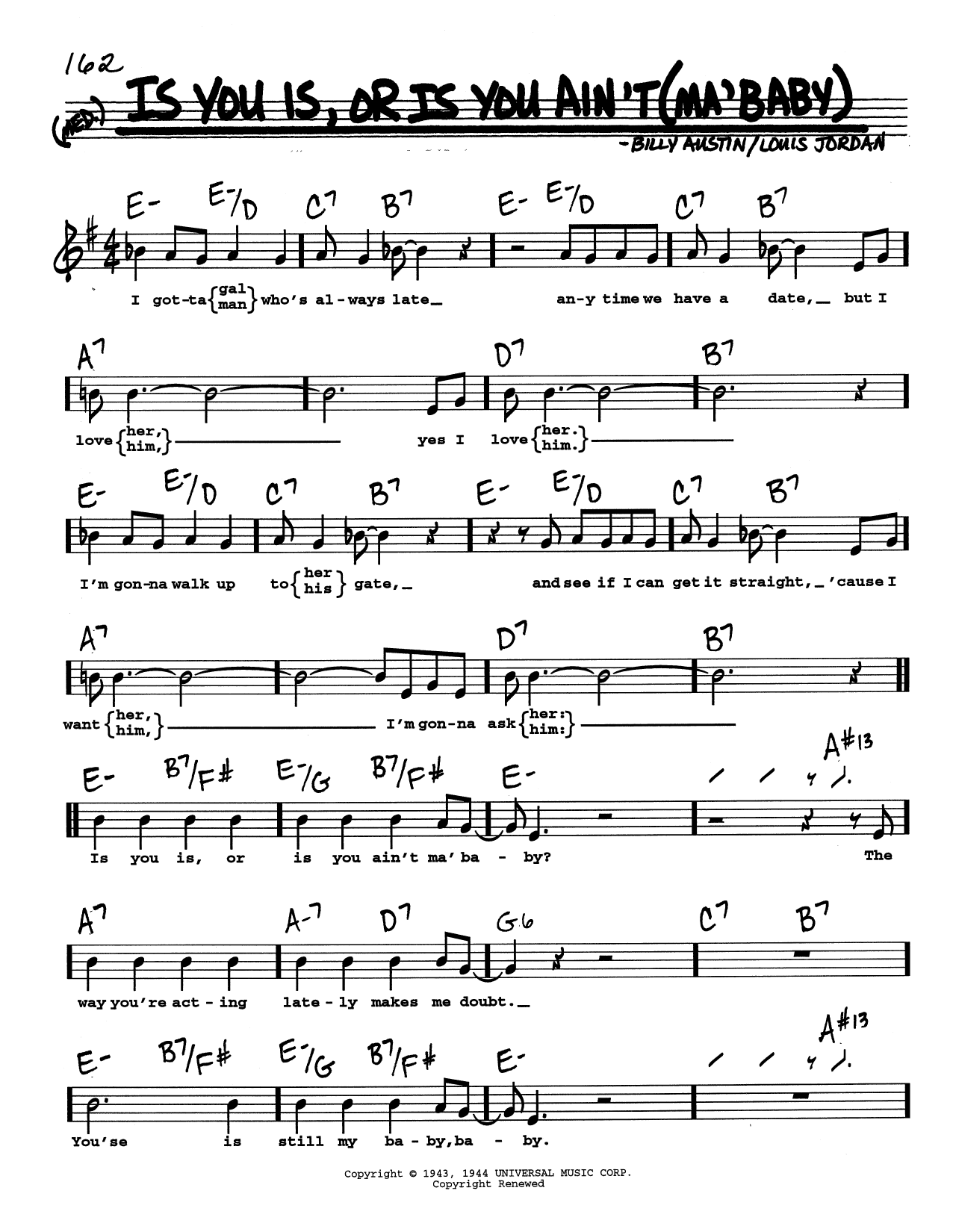 Louis Jordan Is You Is, Or Is You Ain't (Ma' Baby) (Low Voice) Sheet Music