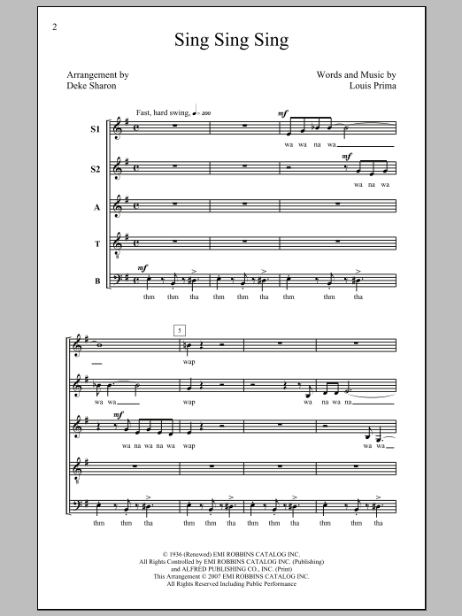 Louis Prima Sing, Sing, Sing (arr. Deke Sharon) Sheet Music
