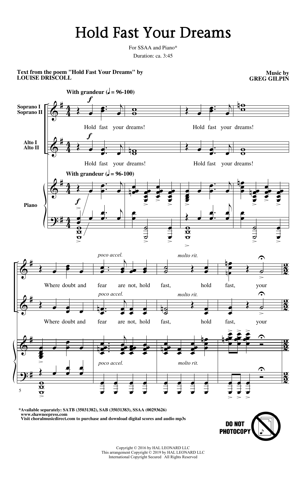 Louise Driscoll and Greg Gilpin Hold Fast Your Dreams! Sheet Music