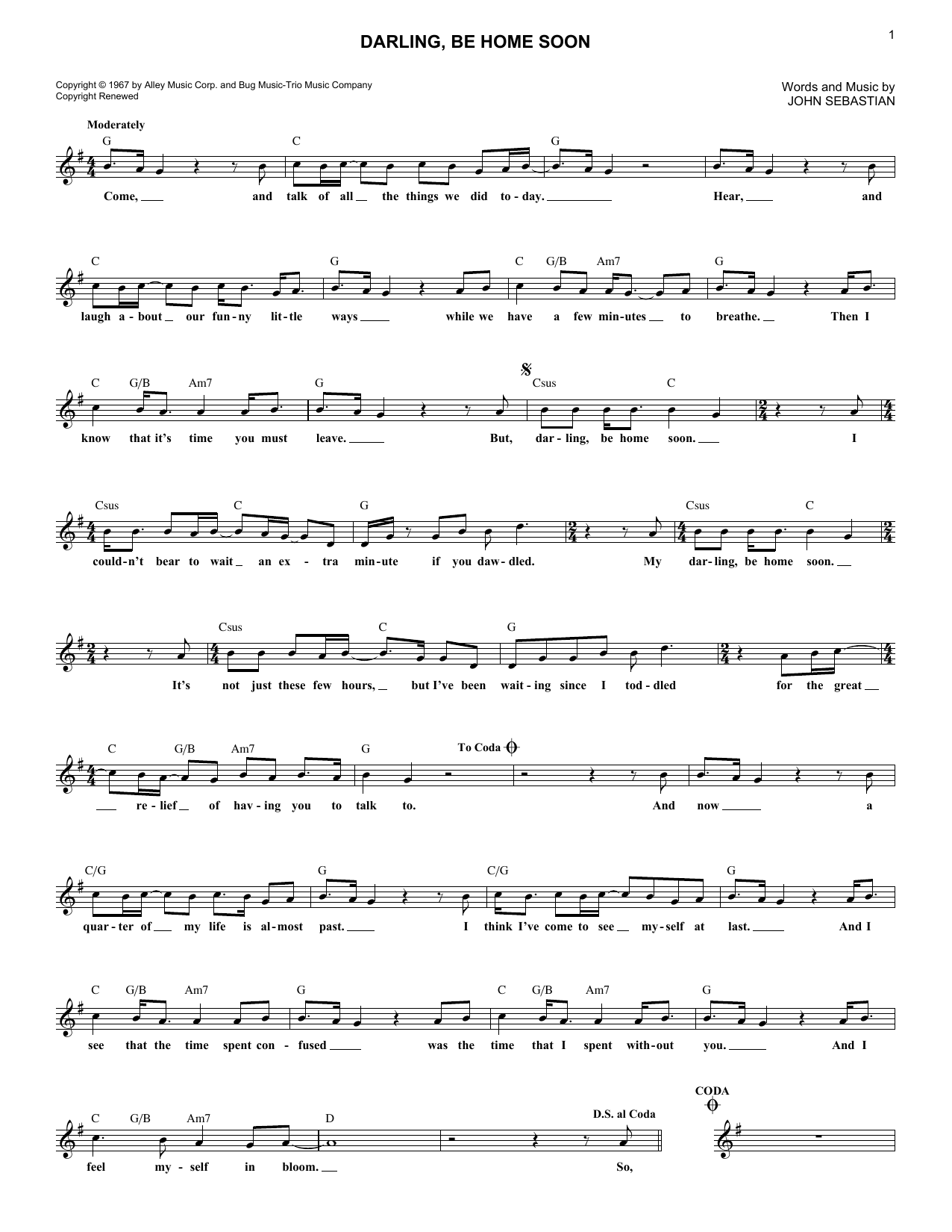 Lovin' Spoonful Darling, Be Home Soon Sheet Music