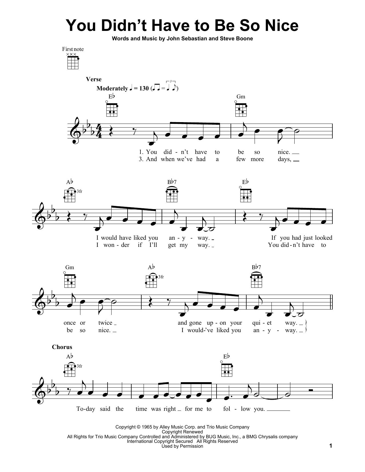 Lovin' Spoonful You Didn't Have To Be So Nice Sheet Music