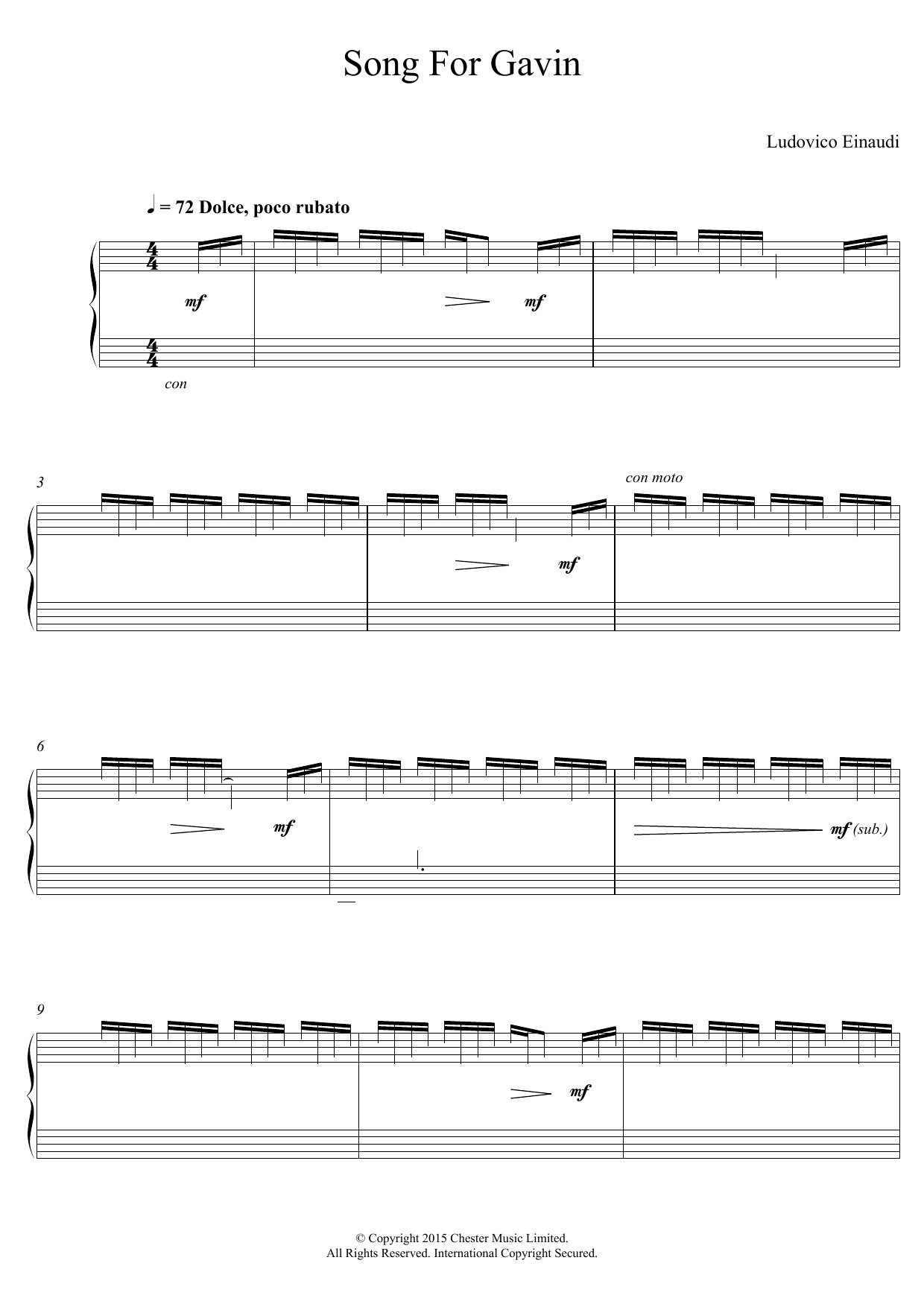 Ludovico Einaudi Song For Gavin Sheet Music