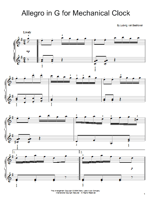 Ludwig van Beethoven Allegro in G for Mechanical Clock Sheet Music
