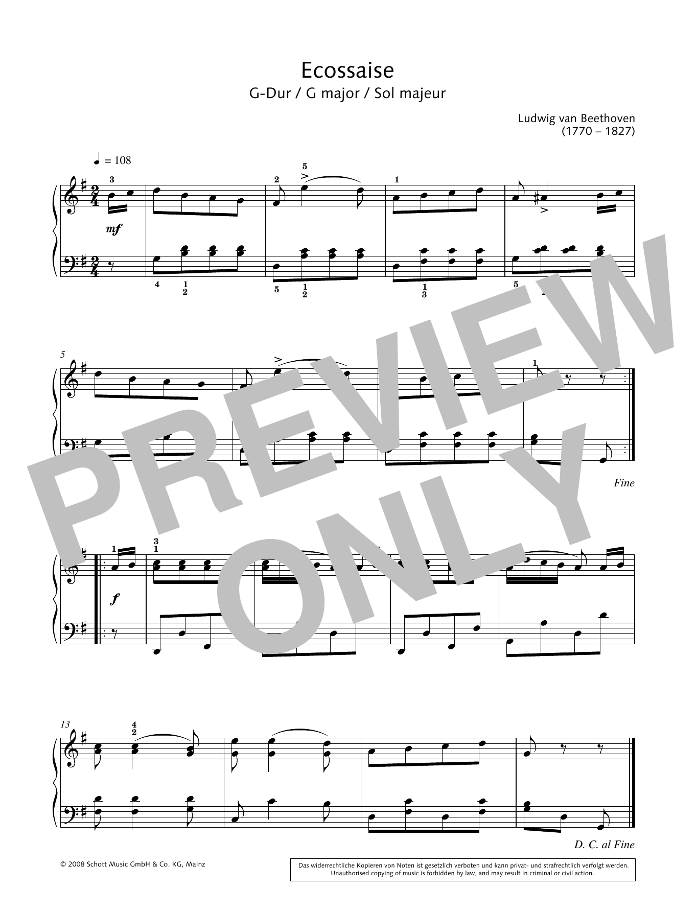 Ludwig van Beethoven Ecossaise in G major Sheet Music