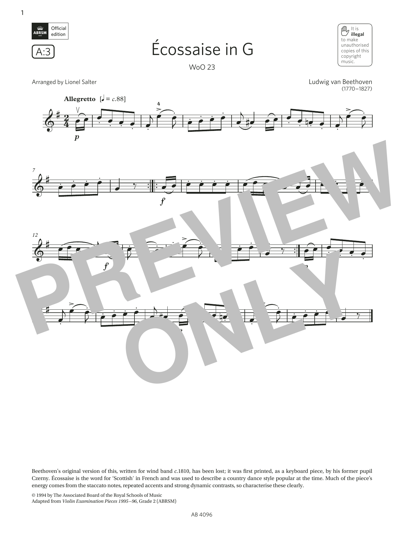Ludwig van Beethoven Écossaise in G, WoO 23 (Grade 2, A3, from the ABRSM Violin Syllabus from 2024) Sheet Music