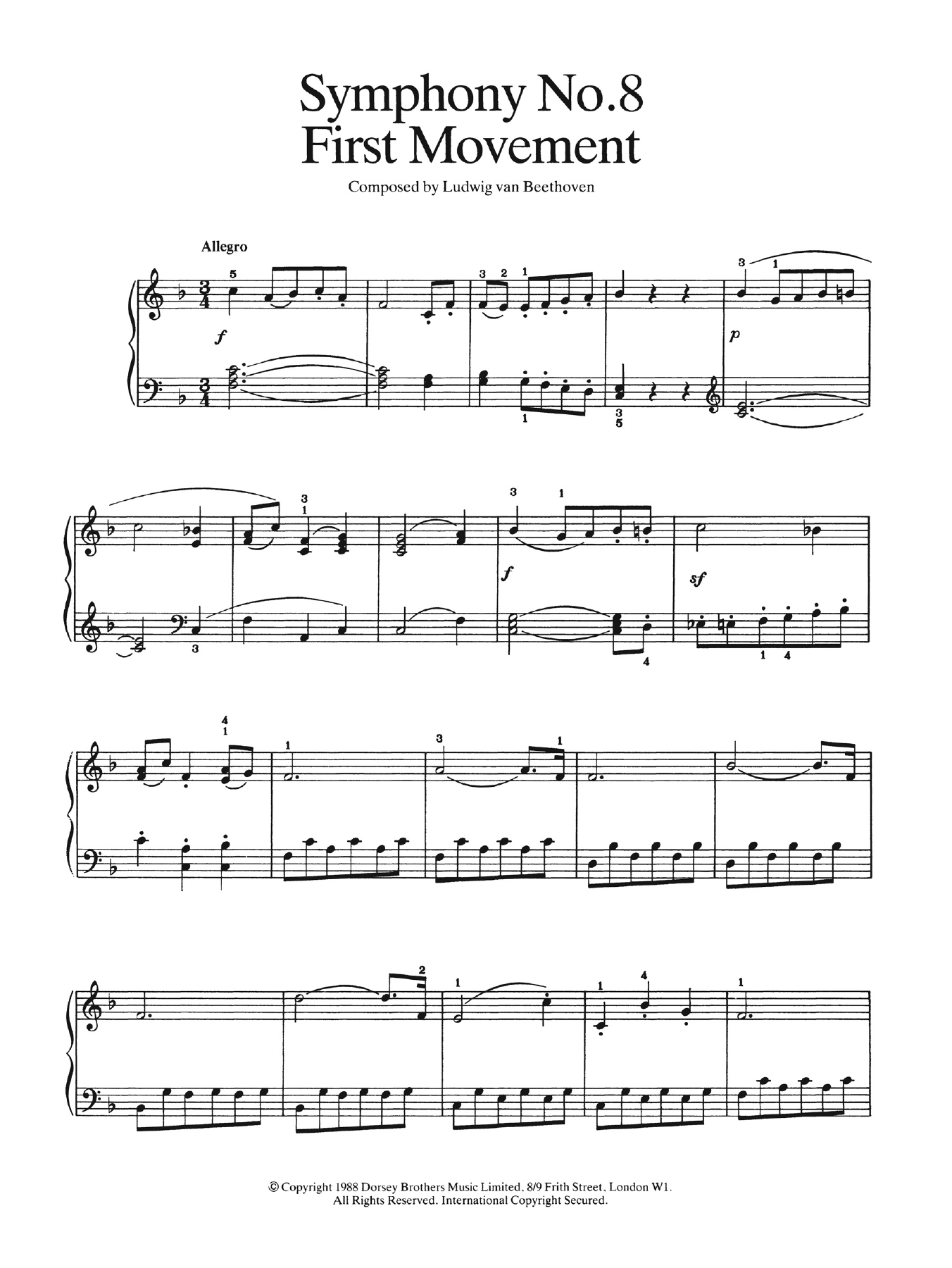 Ludwig van Beethoven First Movement (from Symphony No. 8 In F Major, Op. 93) Sheet Music