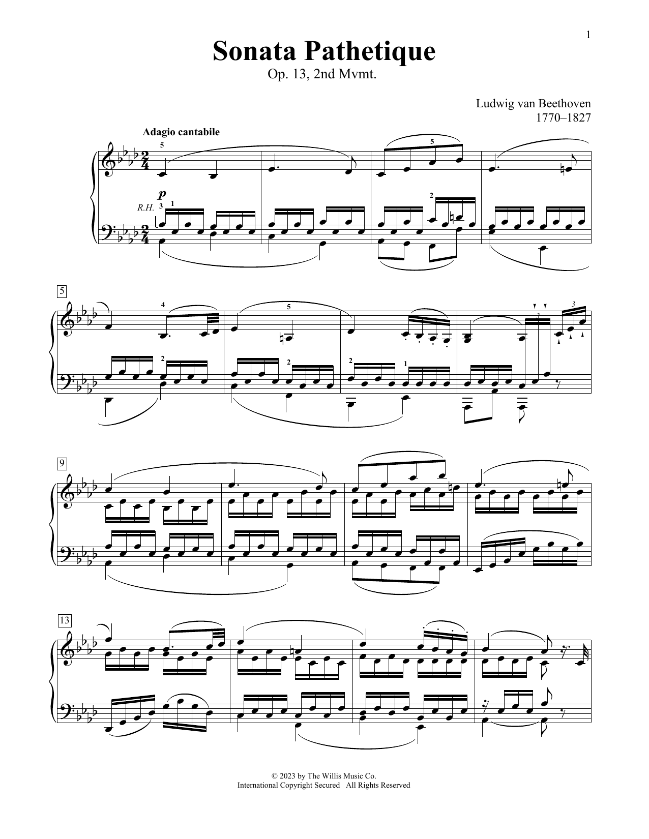 Ludwig van Beethoven Pathetique Sonata, Op.13, 2nd mvmt Sheet Music