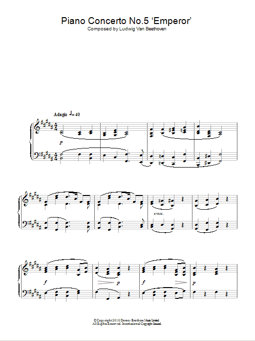Ludwig van Beethoven Piano Concerto No. 5 (Emperor), Eb Major, Op. 73, Theme From The Second Movement Sheet Music