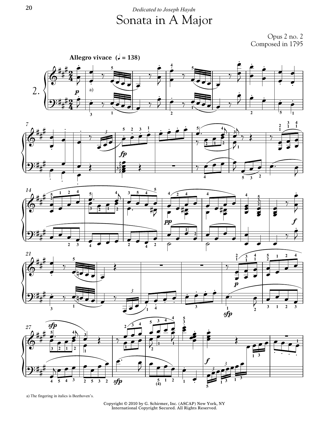 Ludwig van Beethoven Piano Sonata No. 2 In A Major, Op. 2, No. 2 Sheet Music