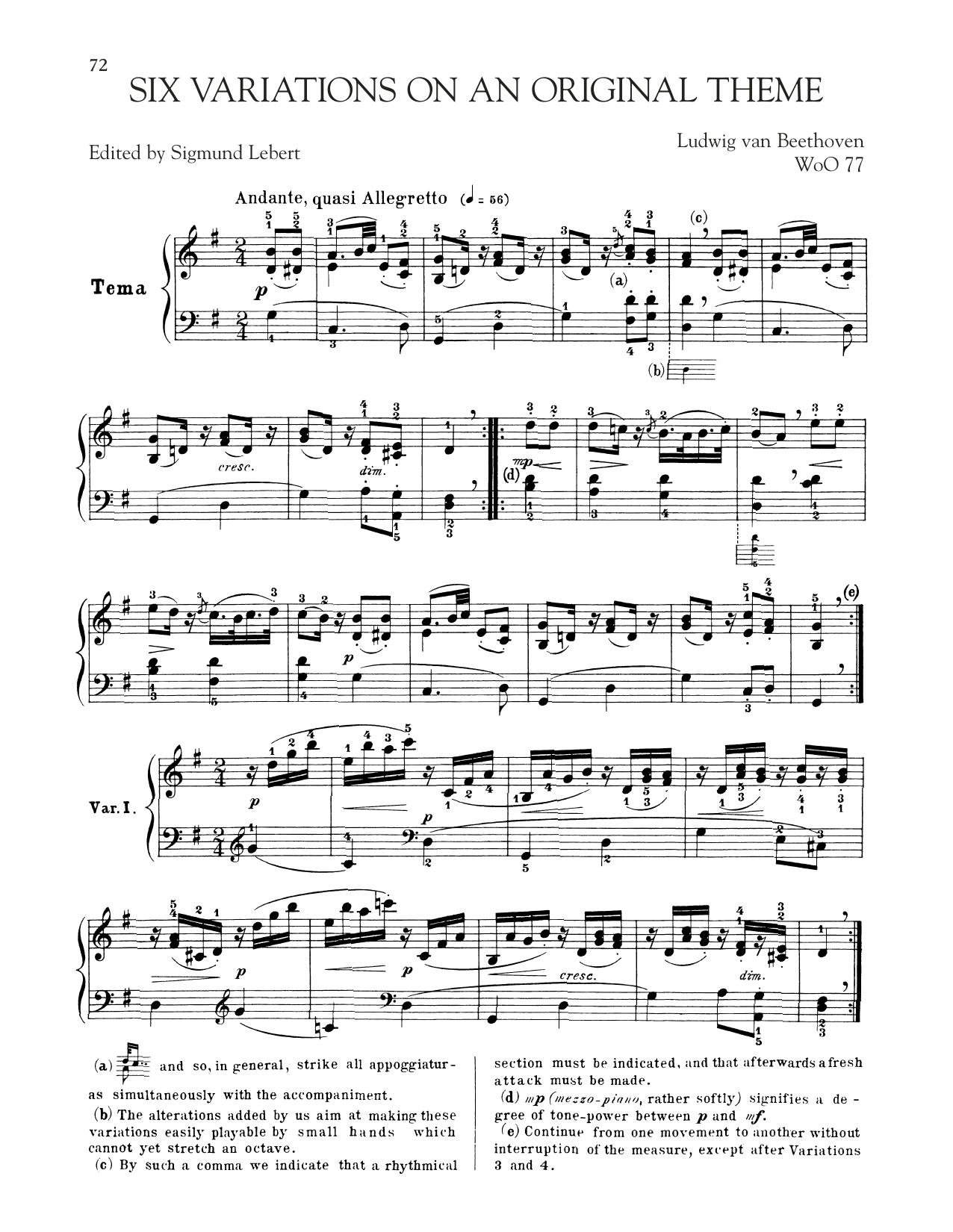 Ludwig van Beethoven Six Easy Variations In G Major Sheet Music