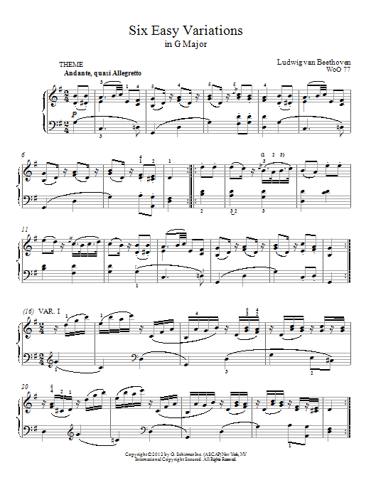 Ludwig van Beethoven Six Variations In G Major, WoO 77 Sheet Music
