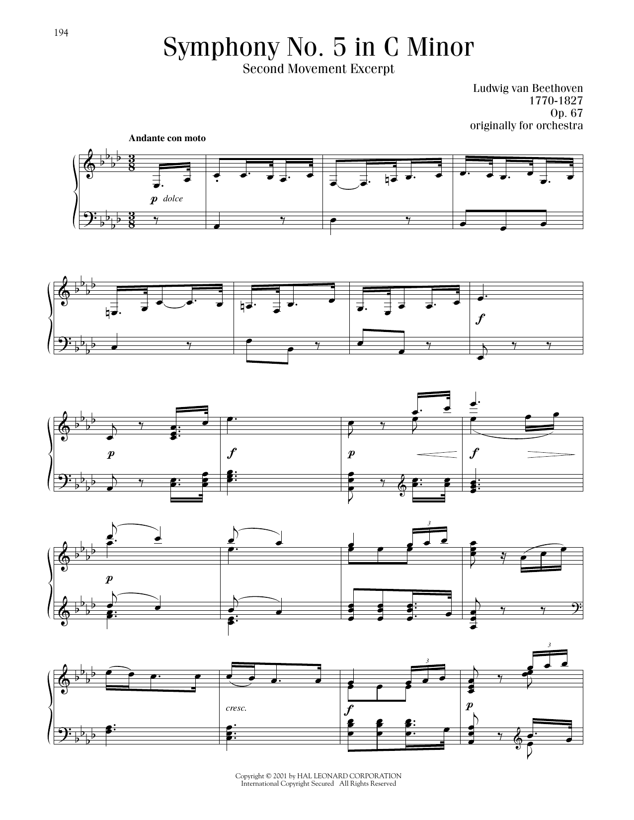 Ludwig van Beethoven Symphony No. 5, Second Movement Excerpt Sheet Music