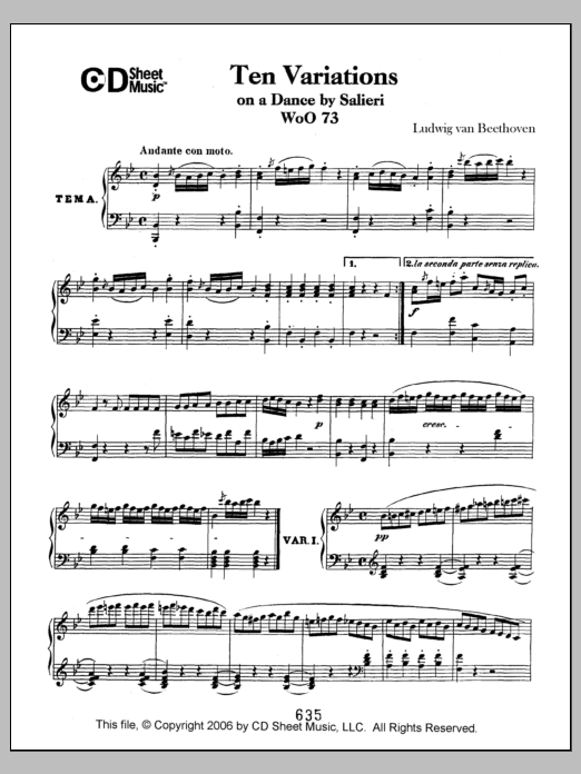 Ludwig van Beethoven Variations (10) On A Duet By Salieri, Woo 73 Sheet Music