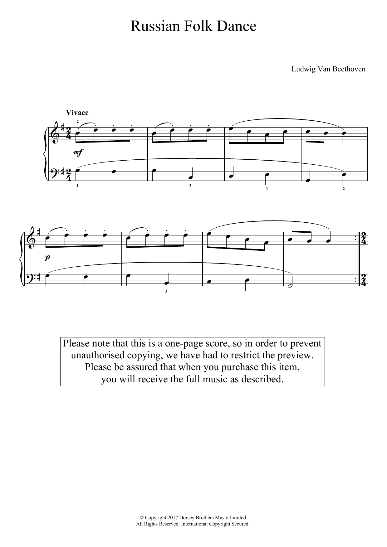 Lugwig Van Beethoven Russian Folk Dance Sheet Music