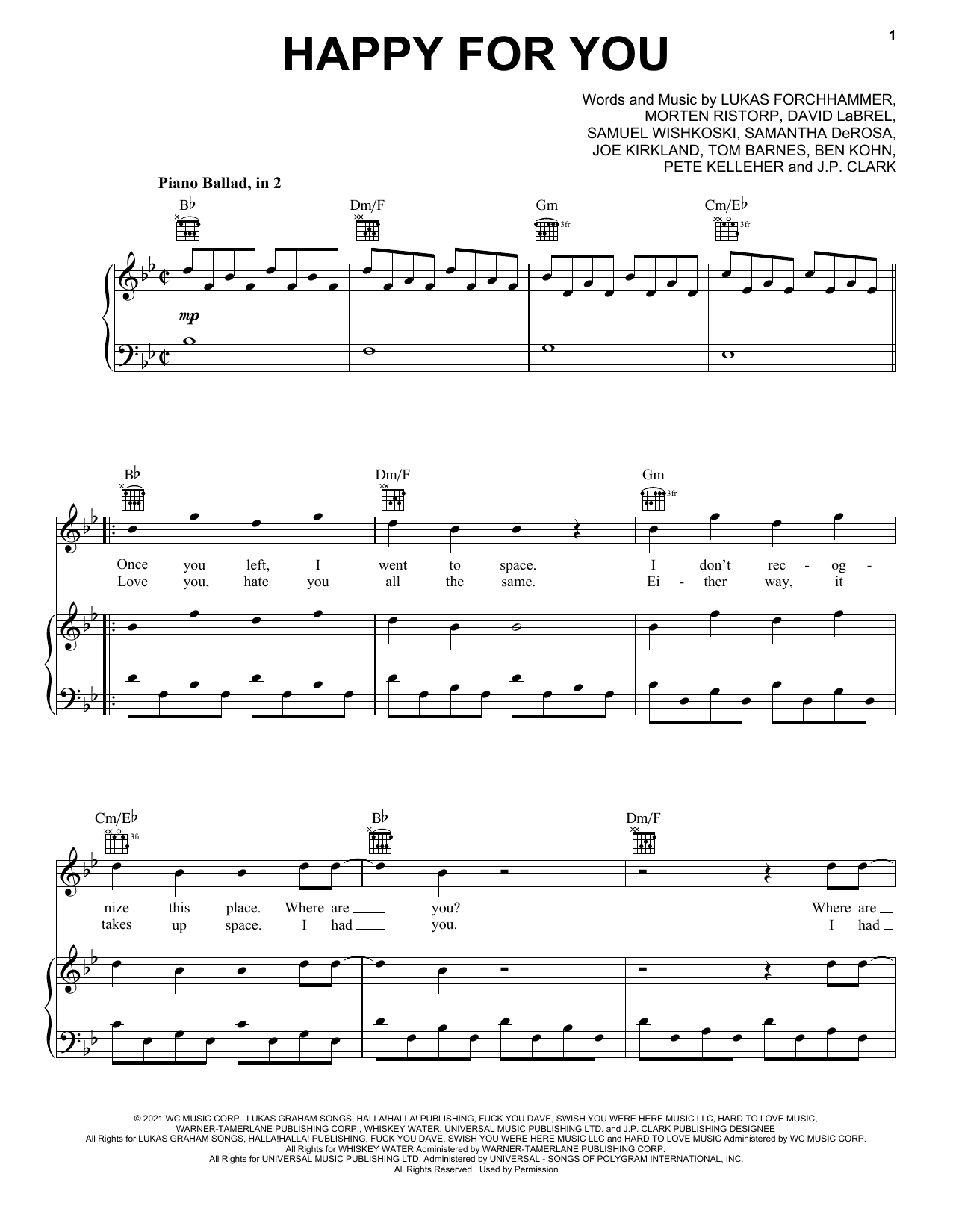 Lukas Graham Happy For You Sheet Music