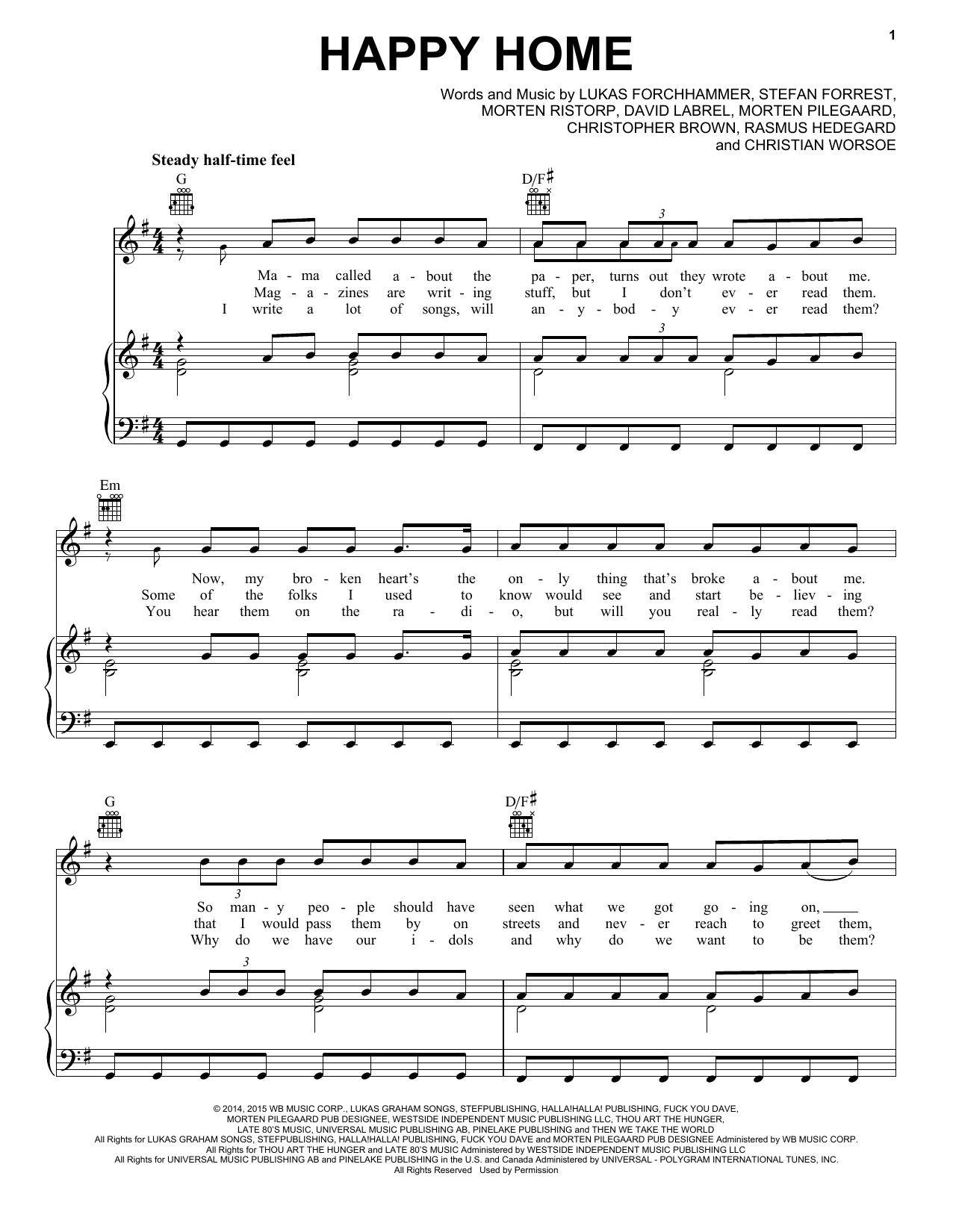 Lukas Graham Happy Home Sheet Music