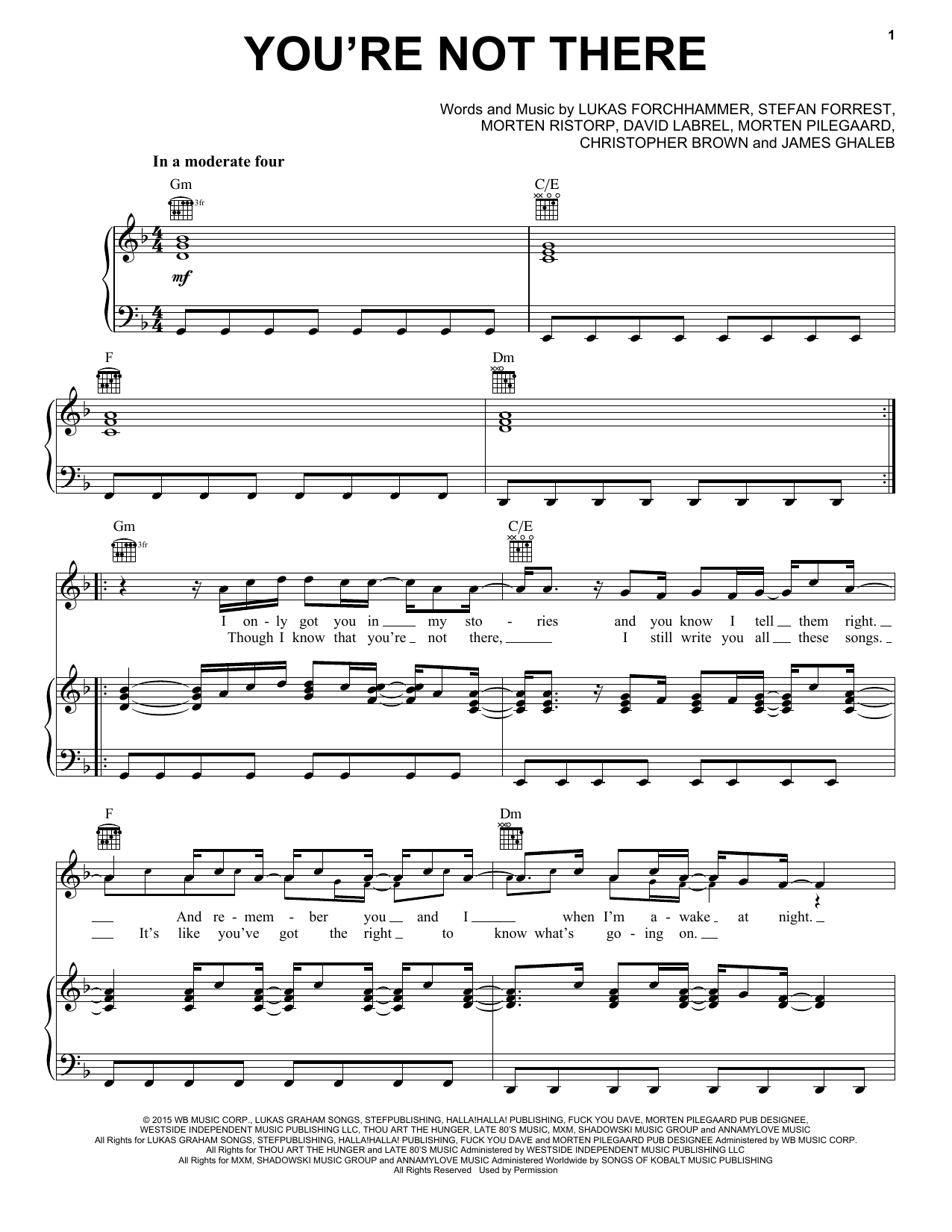 Lukas Graham You're Not There Sheet Music