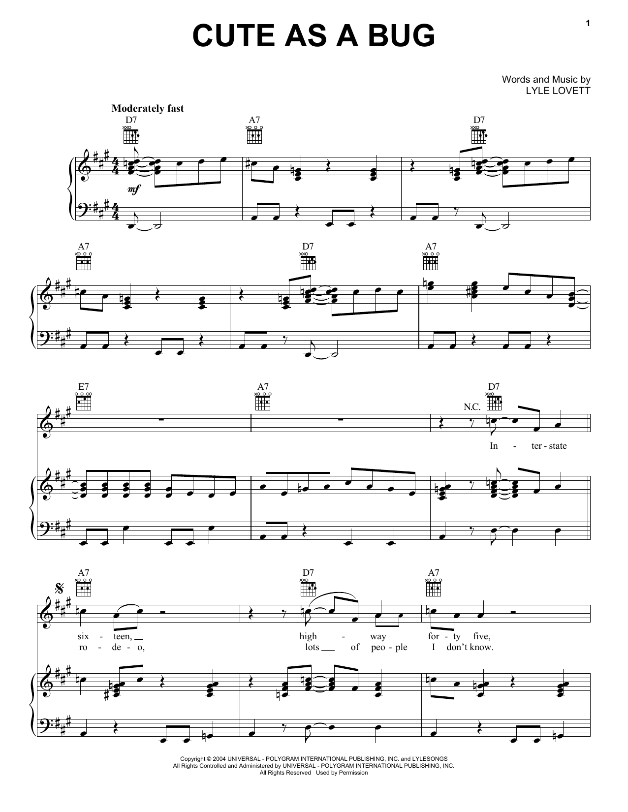 Lyle Lovett Cute As A Bug Sheet Music