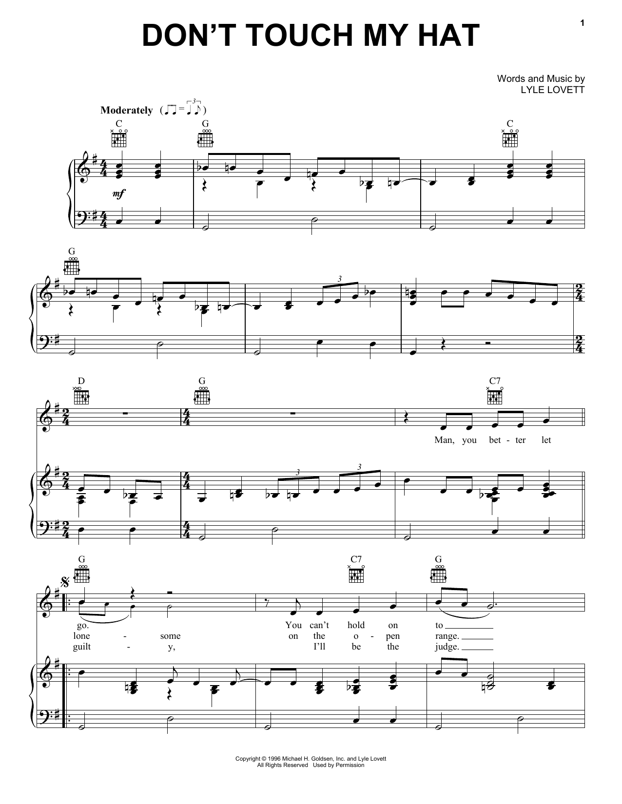 Lyle Lovett Don't Touch My Hat Sheet Music