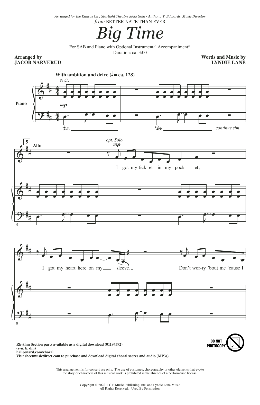 Lyndie Lane Big Time (from Better Nate Than Ever) (arr. Jacob Narverud) Sheet Music