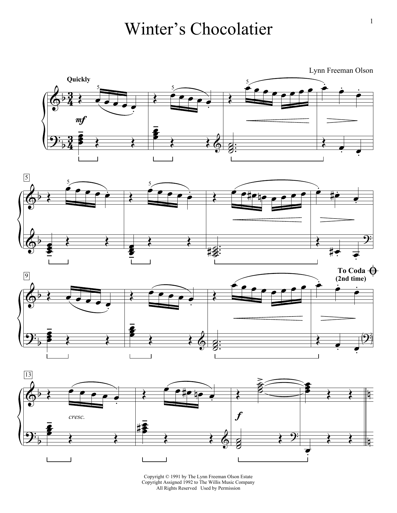 Lynn Freeman Olson Winter's Chocolatier Sheet Music
