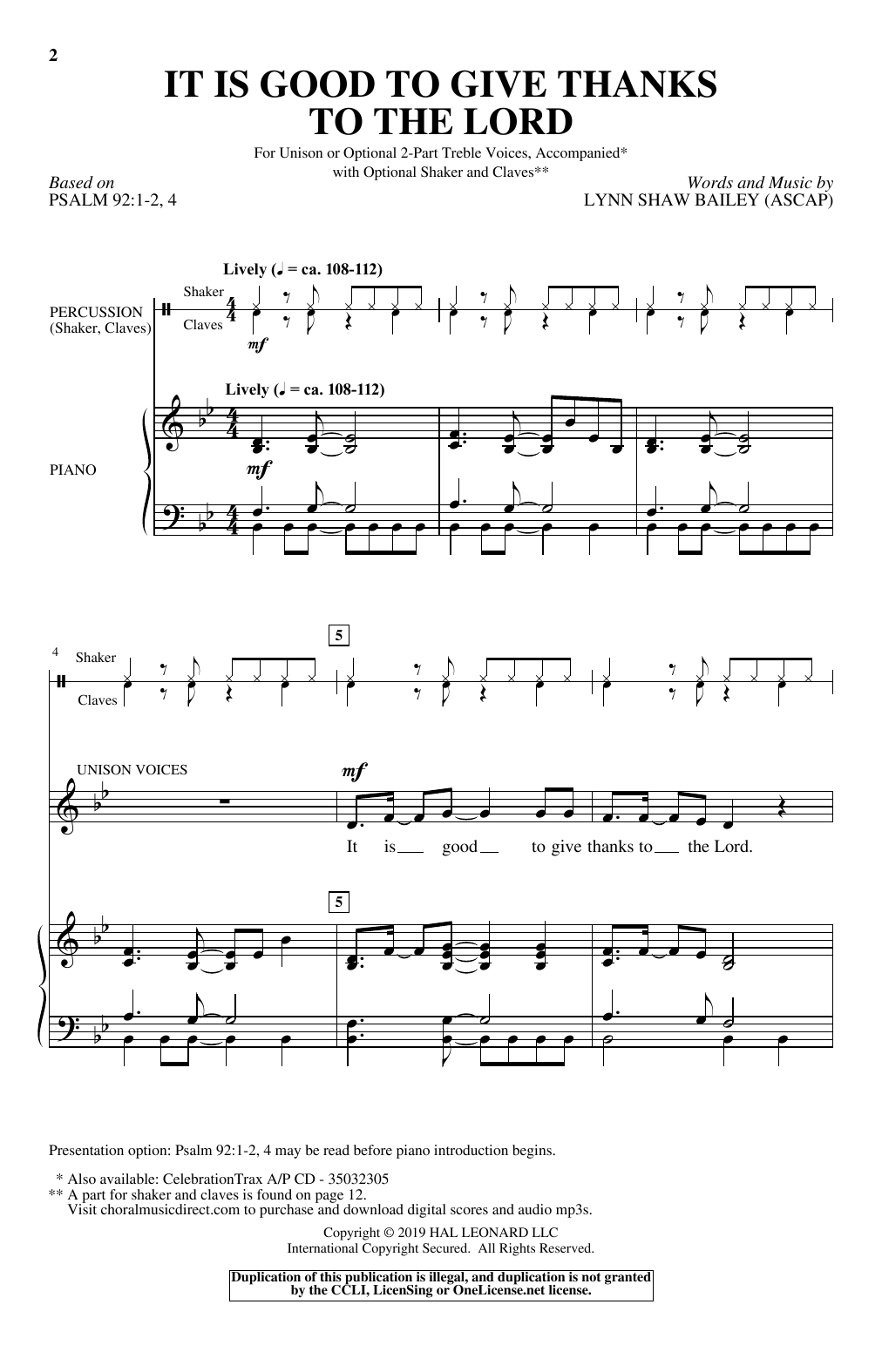 Lynn Shaw Bailey It Is Good To Give Thanks To The Lord Sheet Music