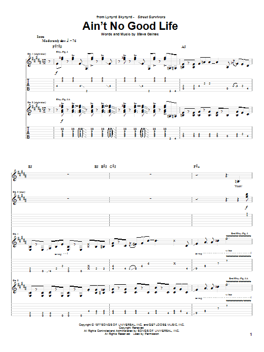 Lynyrd Skynyrd Ain't No Good Life Sheet Music
