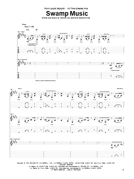 Lynyrd Skynyrd Swamp Music Sheet Music