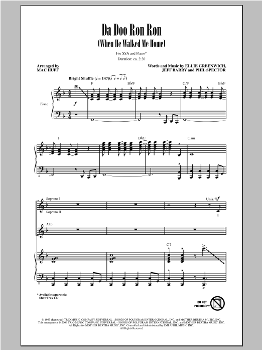 Mac Huff Da Doo Ron Ron (When He Walked Me Home) Sheet Music