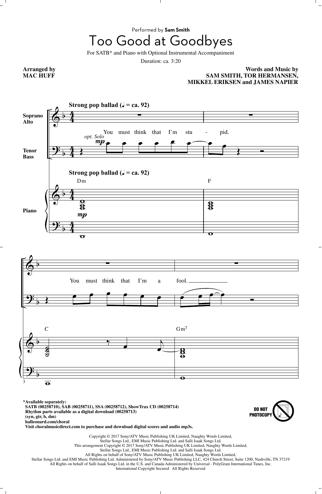 Mac Huff Too Good At Goodbyes Sheet Music