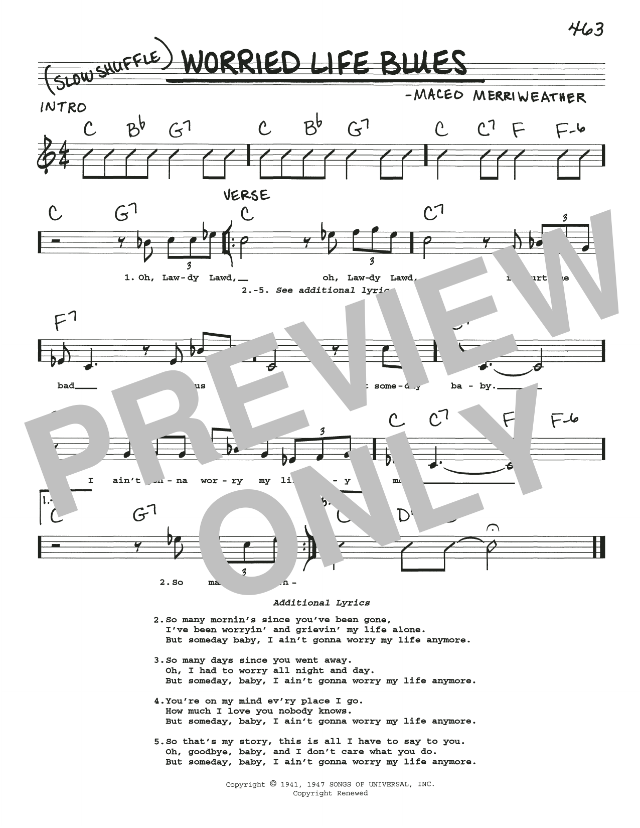 Maceo Merriweather Worried Life Blues Sheet Music