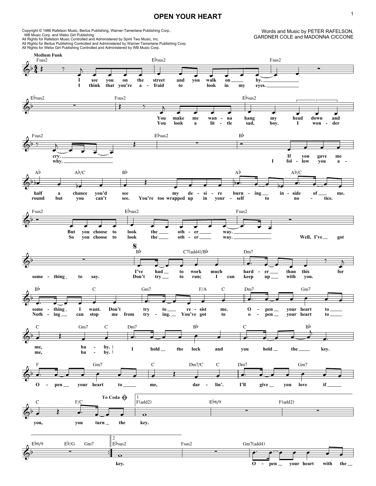 Madonna Open Your Heart Sheet Music