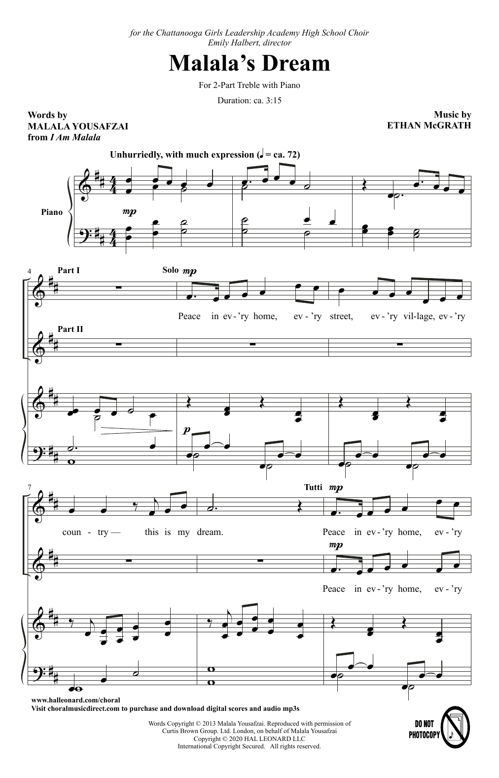 Malala Yousafzai and Ethan McGrath Malala's Dream Sheet Music