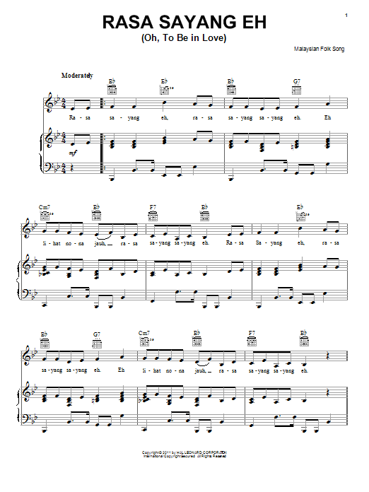 Malaysian Folksong Rasa Sayang Eh (Oh, To Be In Love) Sheet Music