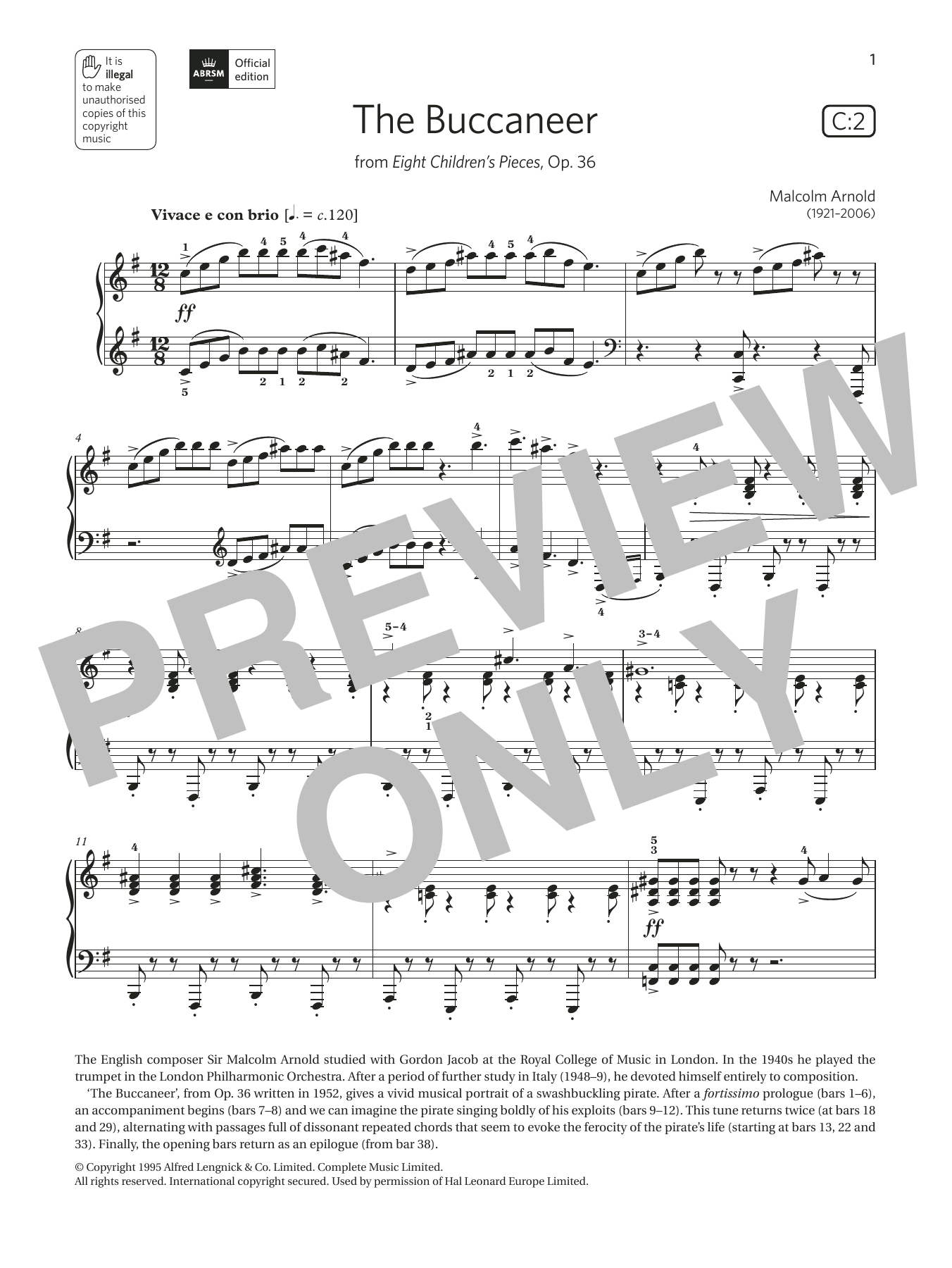 Malcolm Arnold The Buccaneer (Grade 6, list C2, from the ABRSM Piano Syllabus 2021 & 2022) Sheet Music