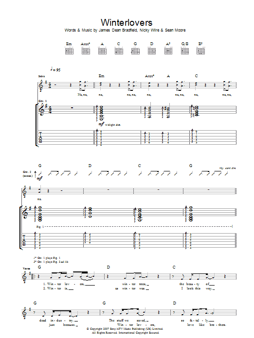 Manic Street Preachers Winterlovers Sheet Music