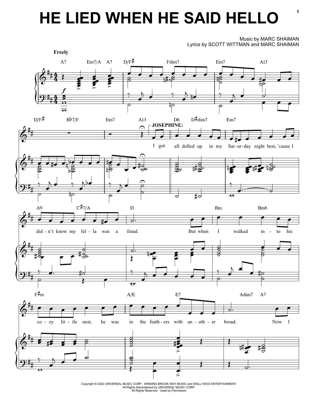 Marc Shaiman & Scott Wittman He Lied When He Said Hello (from Some Like It Hot) Sheet Music