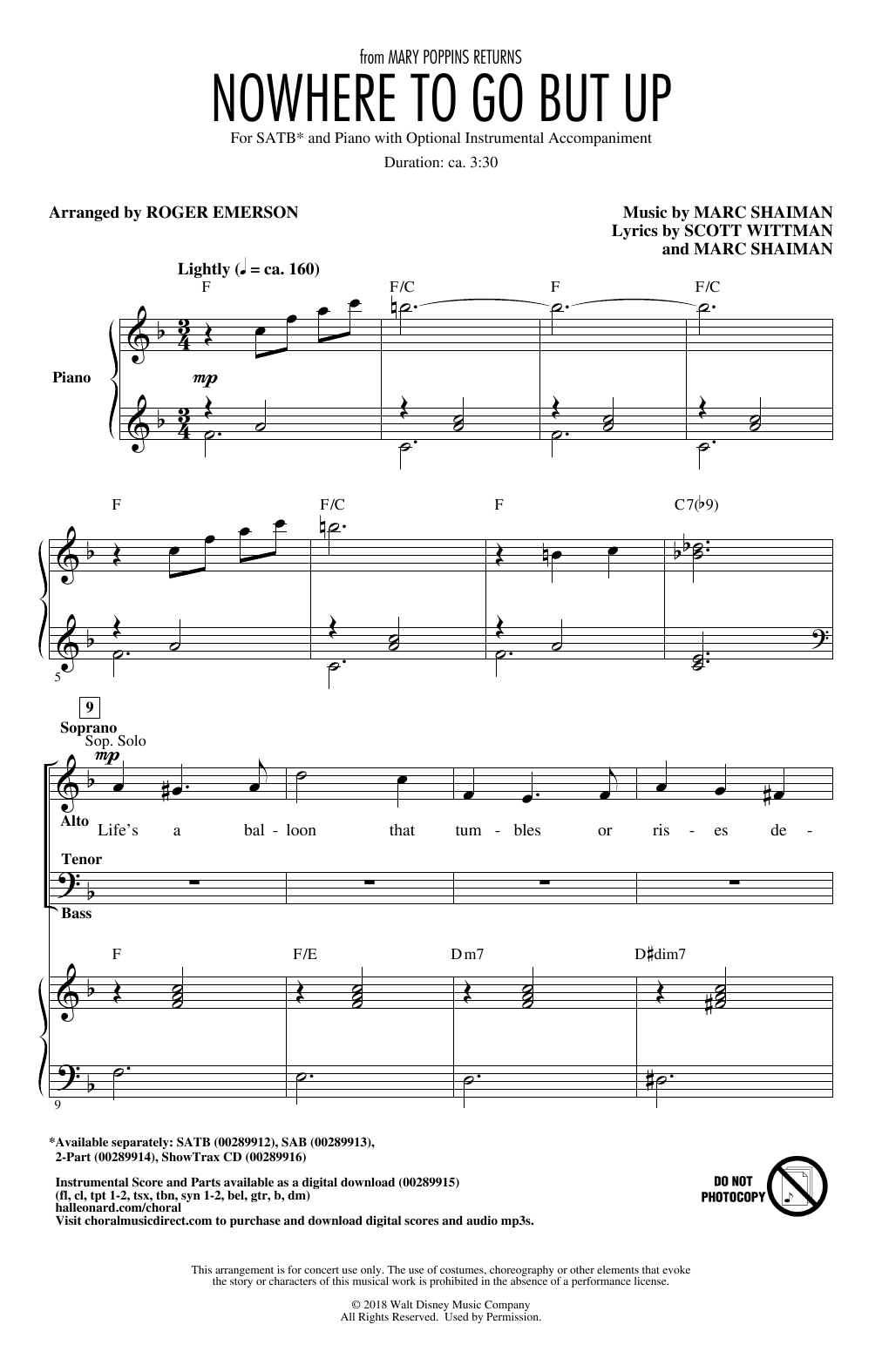 Marc Shaiman & Scott Wittman Nowhere To Go But Up (from Mary Poppins Returns) (arr. Roger Emerson) Sheet Music