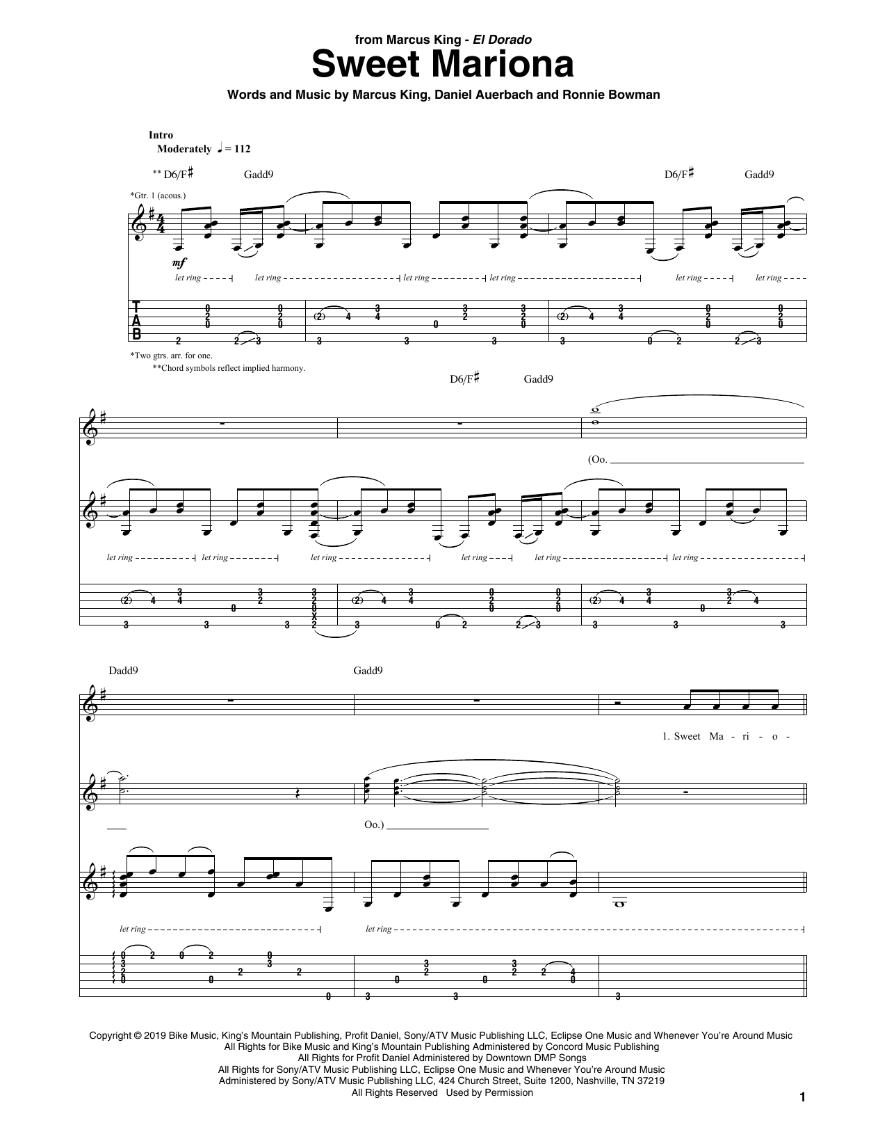 Marcus King Sweet Mariona Sheet Music