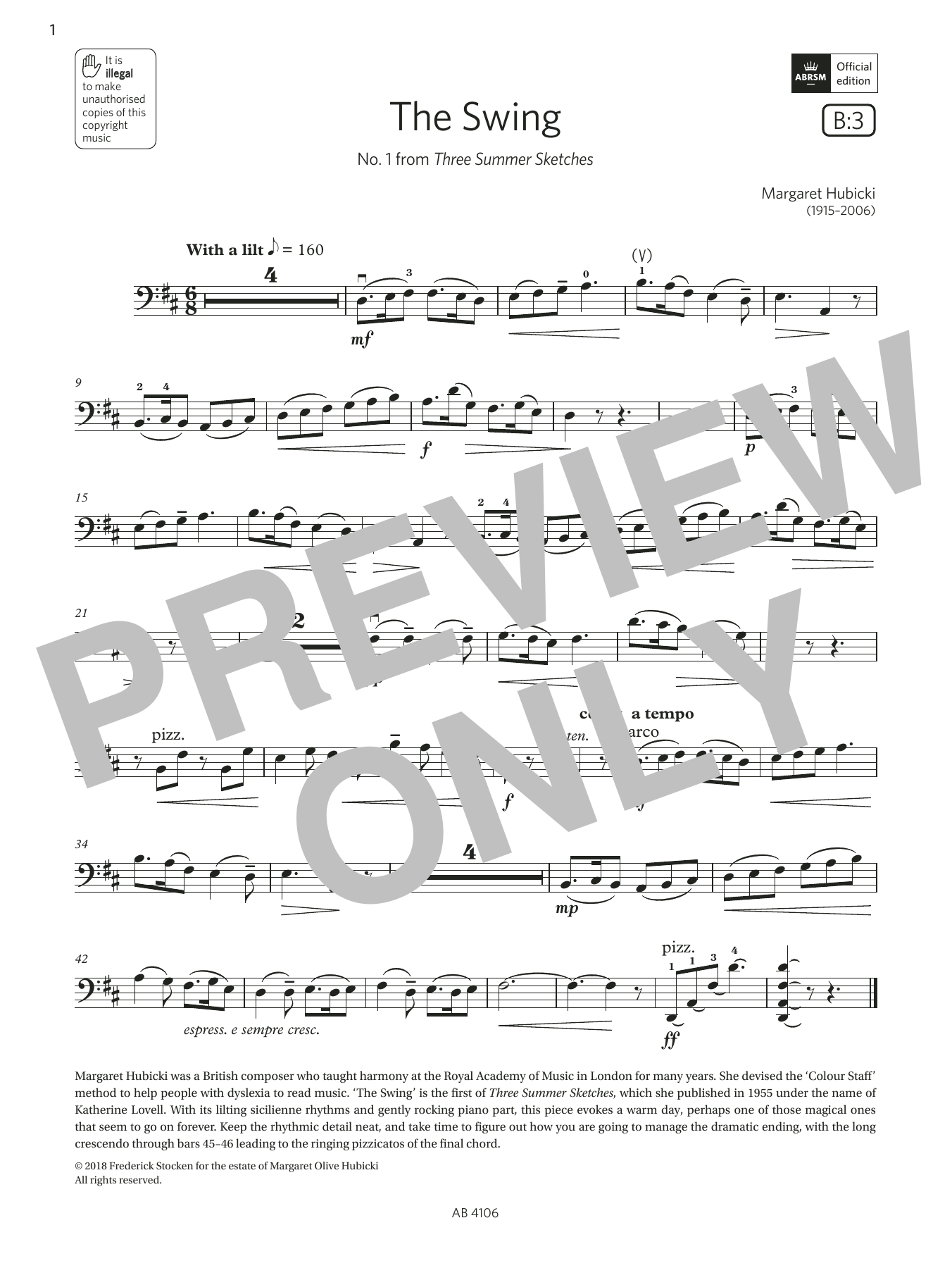 Margaret Hubicki The Swing (Grade 3, B3, from the ABRSM Cello Syllabus from 2024) Sheet Music