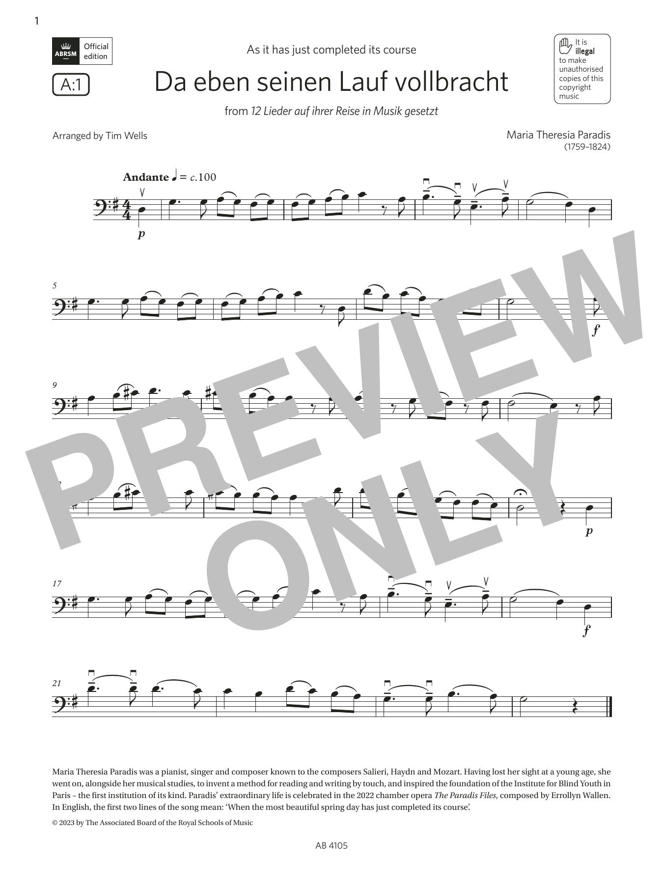 Maria Theresia Paradis Da eben seinen Lauf volbracht (Grade 2, A1, from the ABRSM Cello Syllabus from 2 Sheet Music