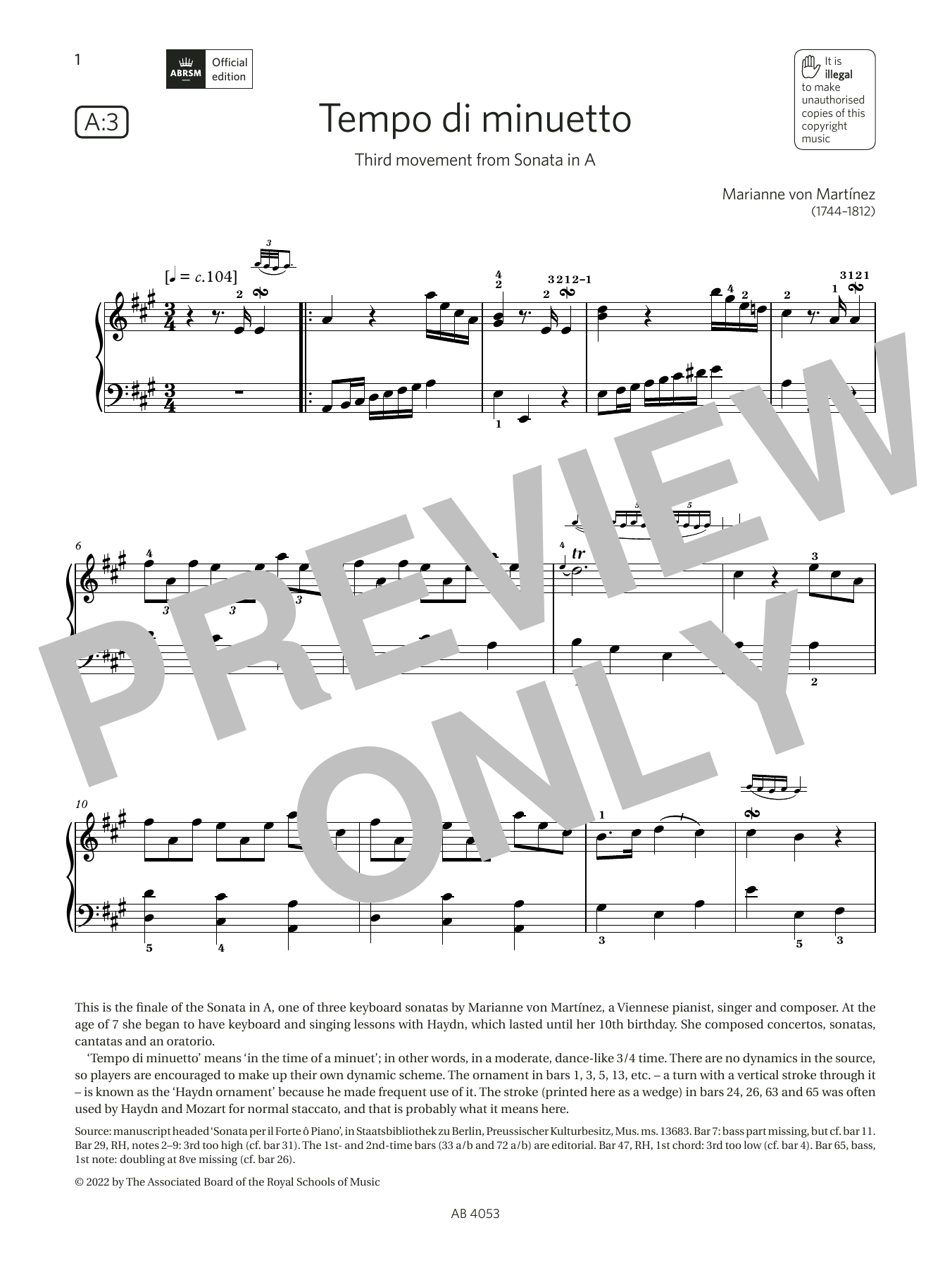 Marianne von Martínez Tempo di minuetto (Grade 7, list A3, from the ABRSM Piano Syllabus 2023 & 2024) Sheet Music