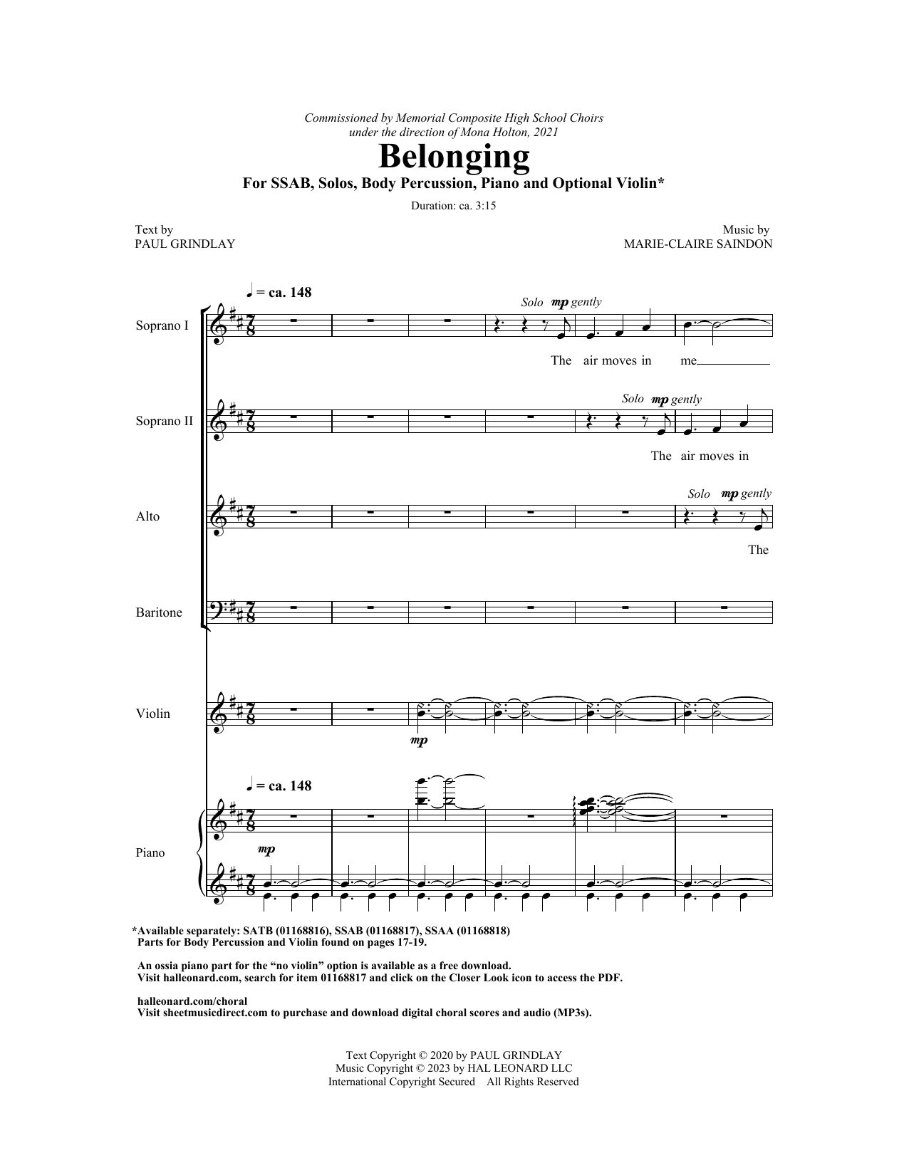 Marie-Clairé Saindon Belonging Sheet Music