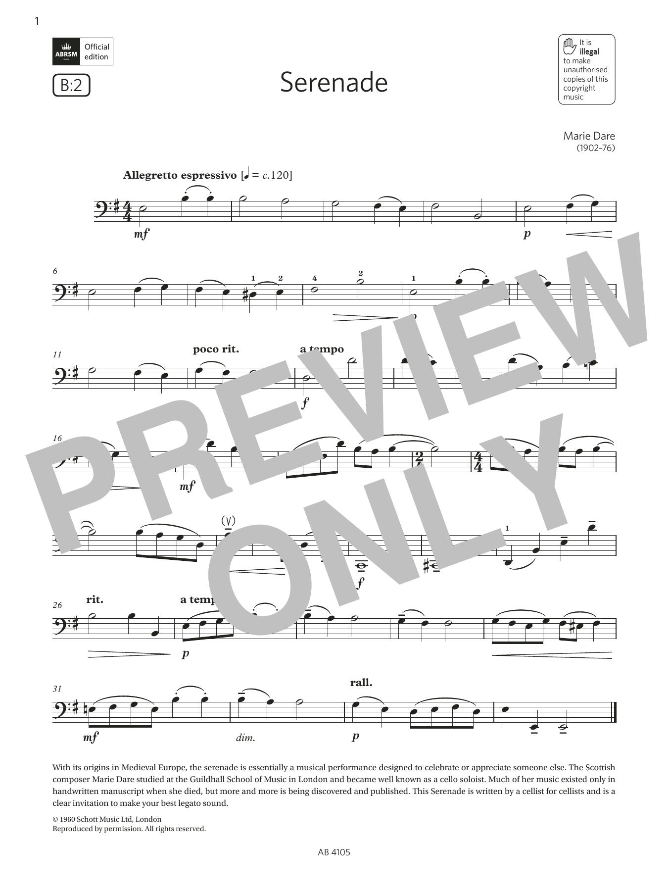 Marie Dare Serenade (Grade 2, B2, from the ABRSM Cello Syllabus from 2024) Sheet Music