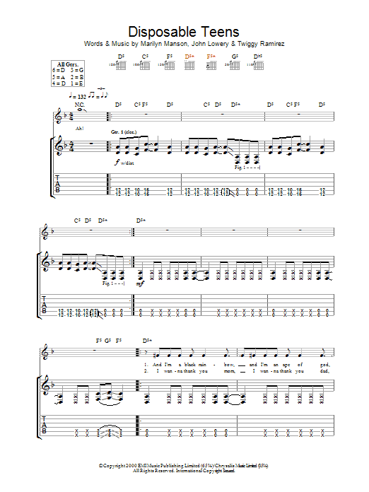 Marilyn Manson Disposable Teens Sheet Music